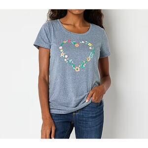 St. John's Bay Crew Neck Short Sleeve T-Shirt Women's Small Navy Flower Heart